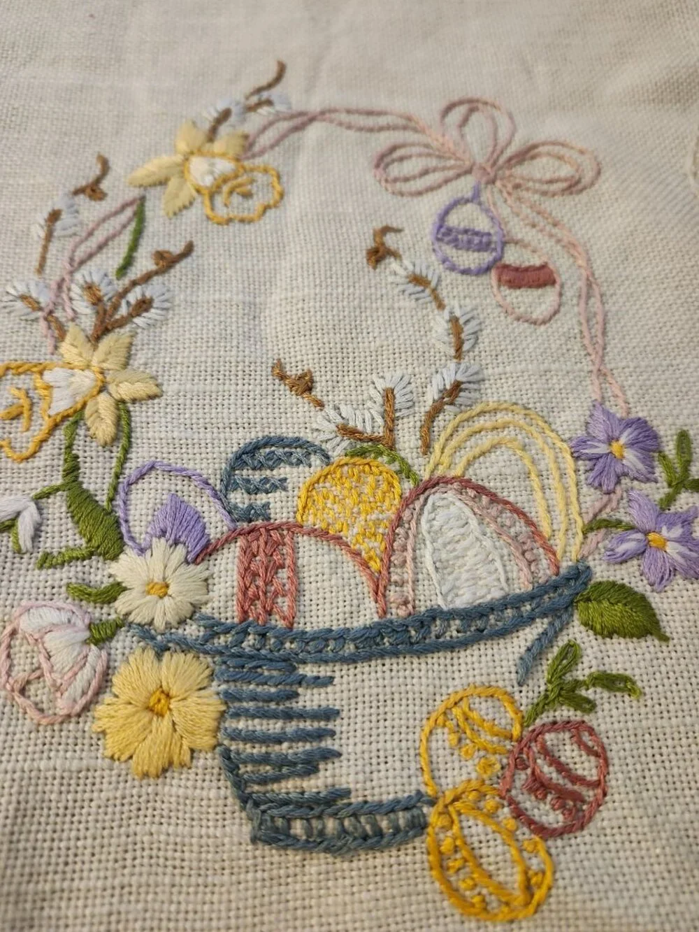 Embroidered Easter Basket & Eggs Linen Table Runner, Bread Basket Liner